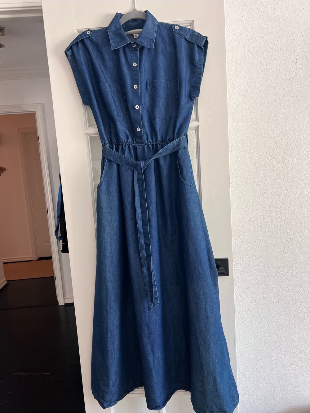 Sleeveless Dark Blue Denim Shirt Dress with Belt